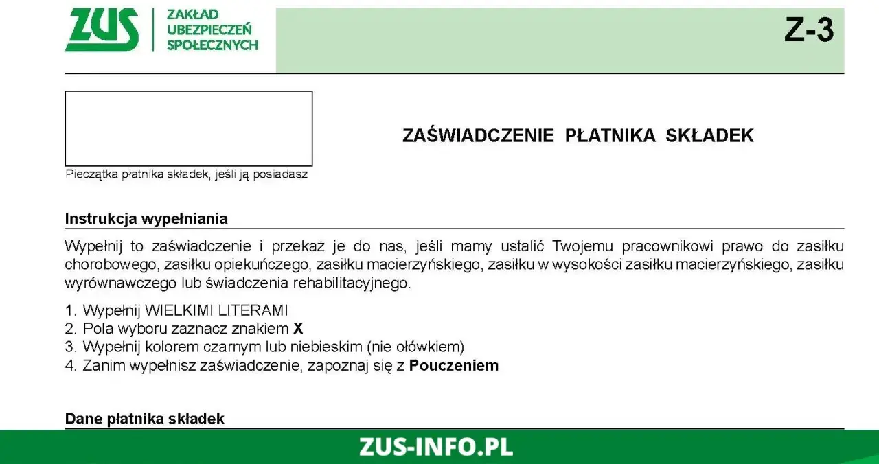 Zaświadczenie Z-3 ZUS dla pracodawcy, instrukcja wypełniania.