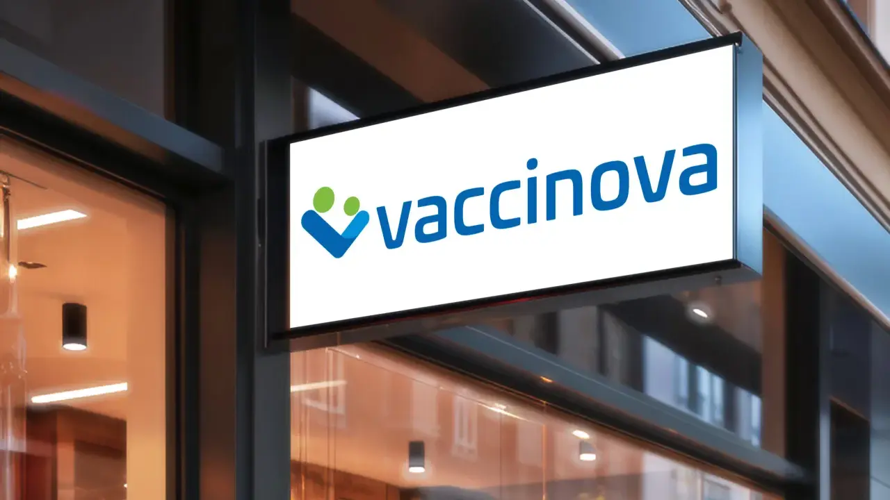 Belyst skylt med logotypen "vaccinova" och två stiliserade figurer, en grön och en blå. Företaget fokuserar på vaccin i Asien.