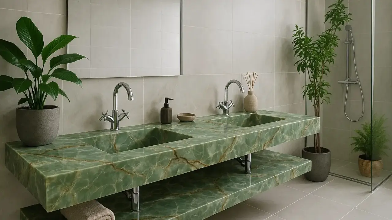 Luksusowy blat do łazienki z kamienia w odcieniu zieleni z żyłkami. Dwie umywalki, chromowane baterie, lustro i rośliny tworzą elegancką przestrzeń.