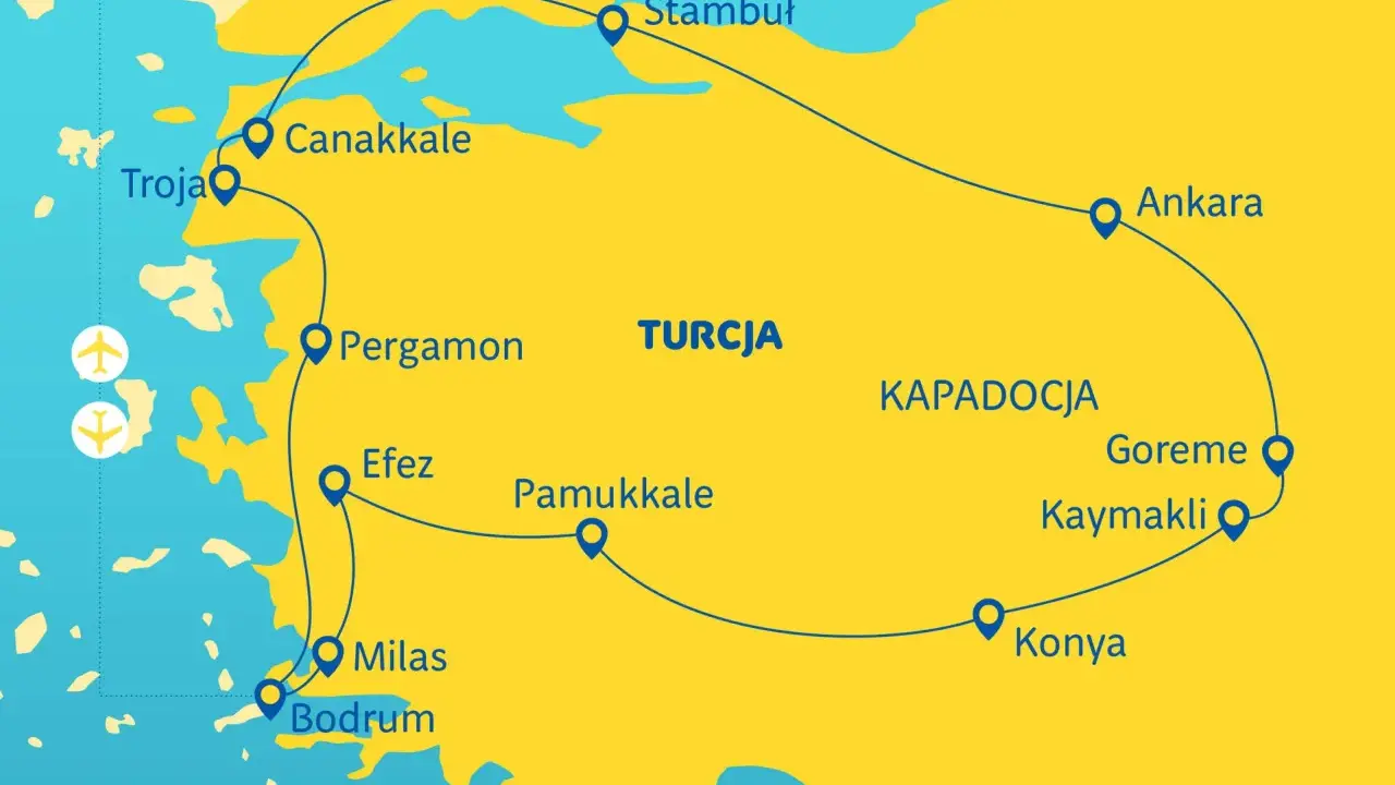 Mapa Turcji z zaznaczonymi miastami i trasą podróży: Stambuł, Ankara, Kapadocja, Pamukkale, Efez, Pergamon, Troja, Canakkale, Milas, Bodrum.