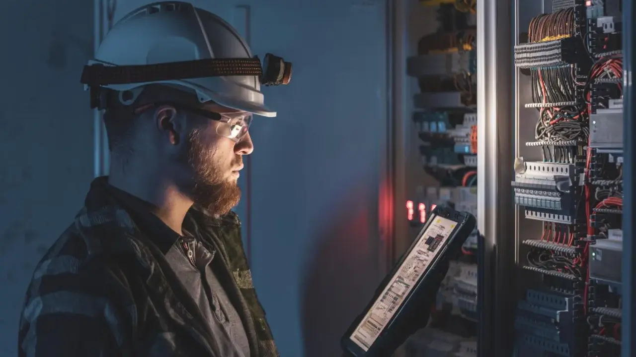 Elektryk w kasku z latarką sprawdza na tablecie schemat instalacji elektrycznej, wykonując pomiary natężenia oświetlenia awaryjnego.