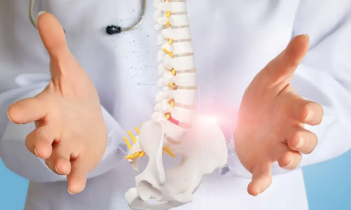 Lekarz prezentuje model kręgosłupa, sugerując proces diagnostyczny lub terapeutyczny, który może pomóc w uzyskaniu grupy inwalidzkiej na kręgosłup.