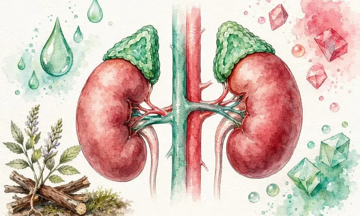 Reni con ghiandole surrenali, gocce, cristalli e radici di liquirizia, suggerendo un equilibrio ormonale, forse legato al cortisolo basso.