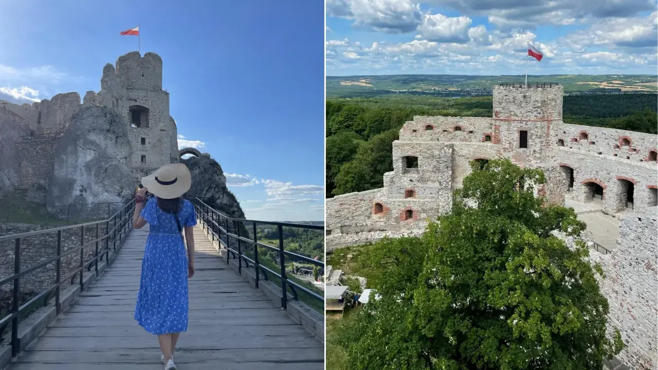 Spacer po malowniczych zamkach w okolicy Krakowa. Ruiny zamku na skale, z polską flagą na wieży, otoczone zielenią i pięknym krajobrazem.