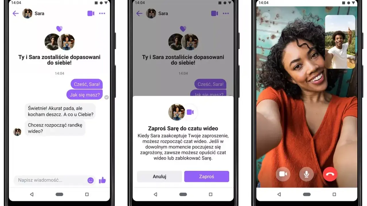 Ekran telefonu z aplikacją randkową. Widzimy dopasowanie użytkowników, czat tekstowy i propozycję rozmowy wideo.