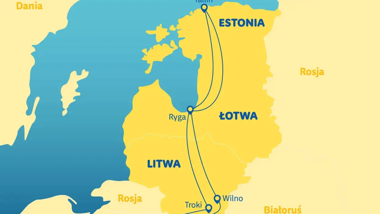 Mapa pokazuje trasy między Tallinem, Rygą i Wilnem. Gdzie jest Ryga? Na mapie widać ją w Łotwie, na trasie do Litwy.