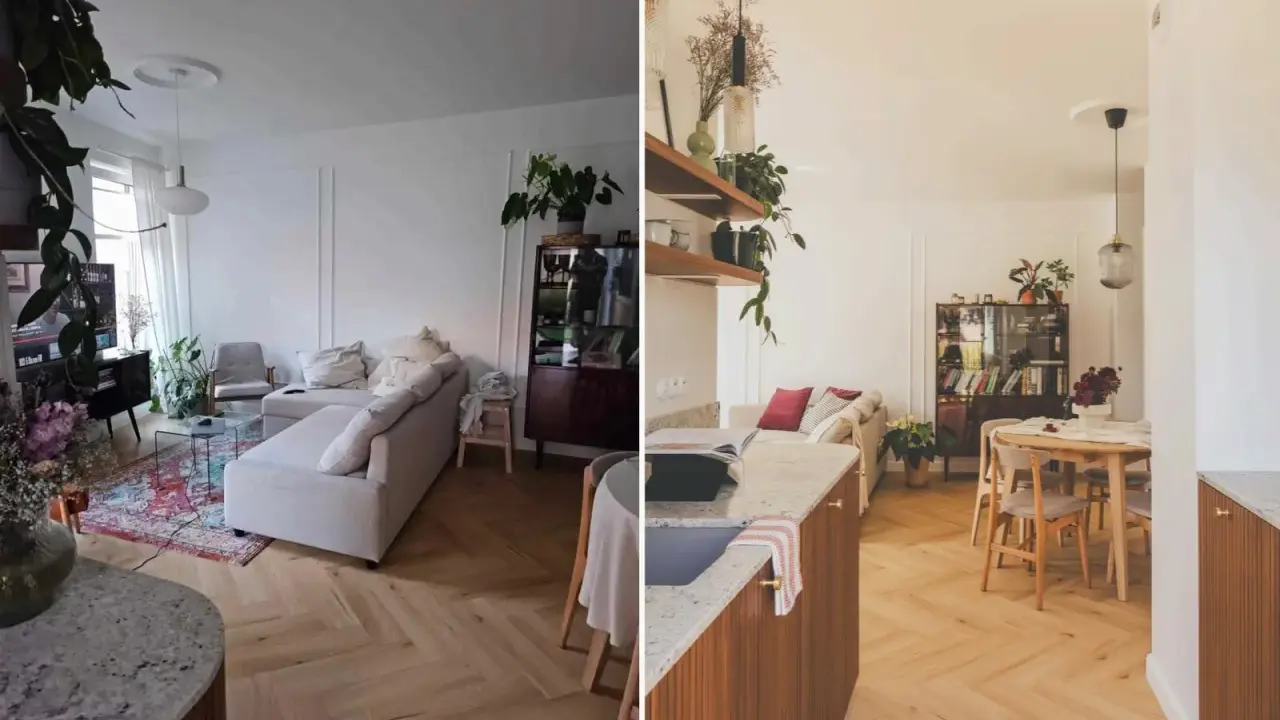Jasne, oto propozycja:

Nowoczesna fotografia wnętrz: przytulny salon z kanapą, stolikiem kawowym i dywanem, obok jadalnia z drewnianym stołem i krzesłami.