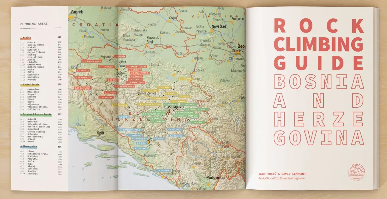 Bośnia i Hercegowina przewodnik: mapa z zaznaczonymi terenami wspinaczkowymi i spisami miejsc.