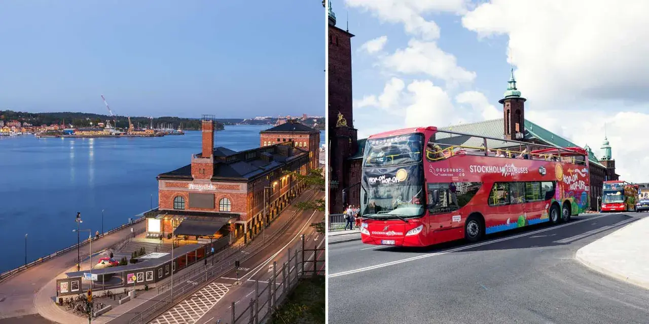 Två vyer av Stockholm: en vid vattnet med en tegelbyggnad och en annan med en röd sightseeingbuss som kör förbi Stadshuset.