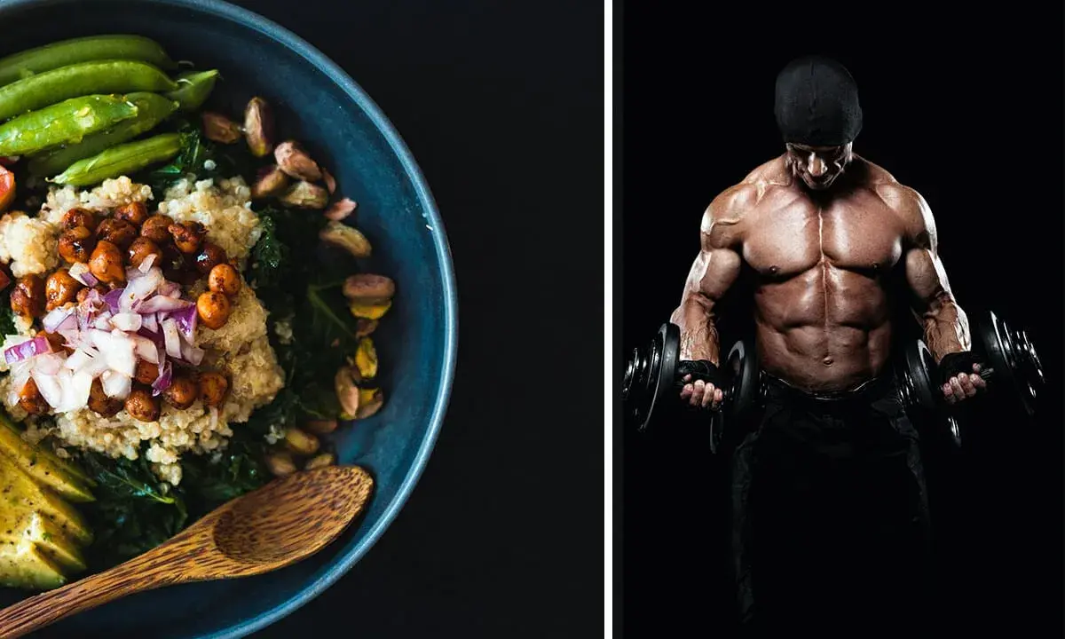 Gesunder Quinoa-Salat und ein Mann mit beeindruckender Muskelmasse, der Hanteln stemmt.