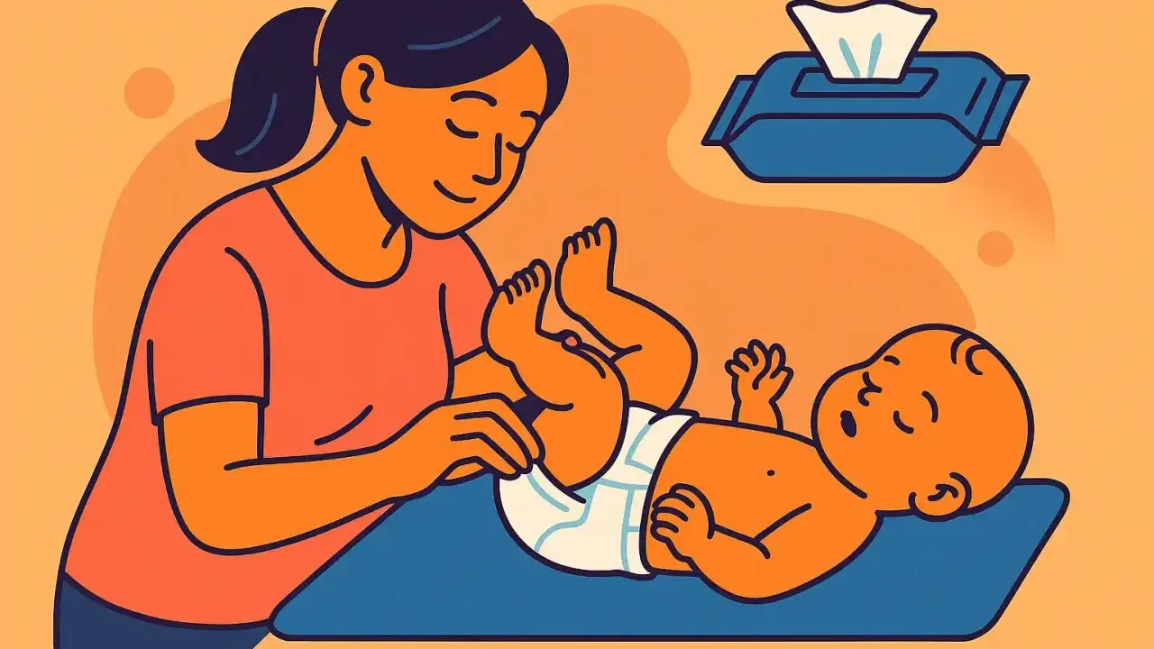 Ilustracja: kobieta przewija noworodka, obok chusteczki nawilżane.