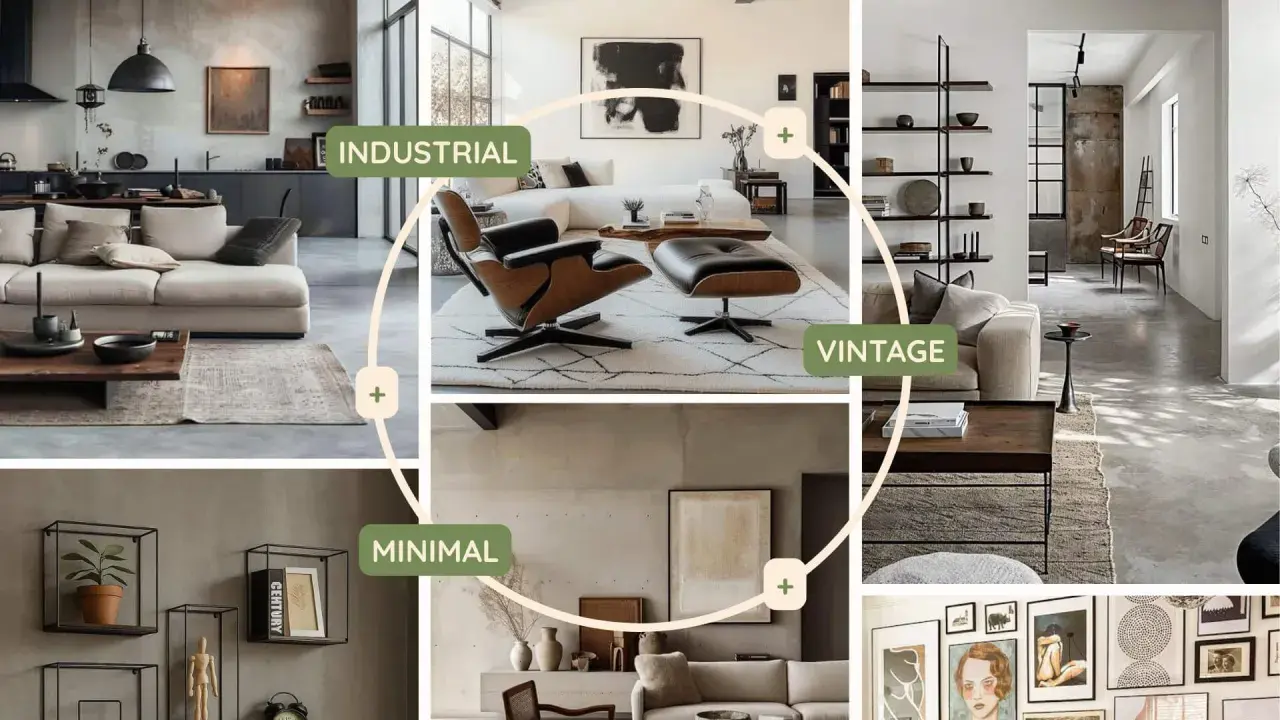 Collage di interni: cucina industriale, soggiorno vintage, galleria minimalista. Idee arredo per ogni stile.
