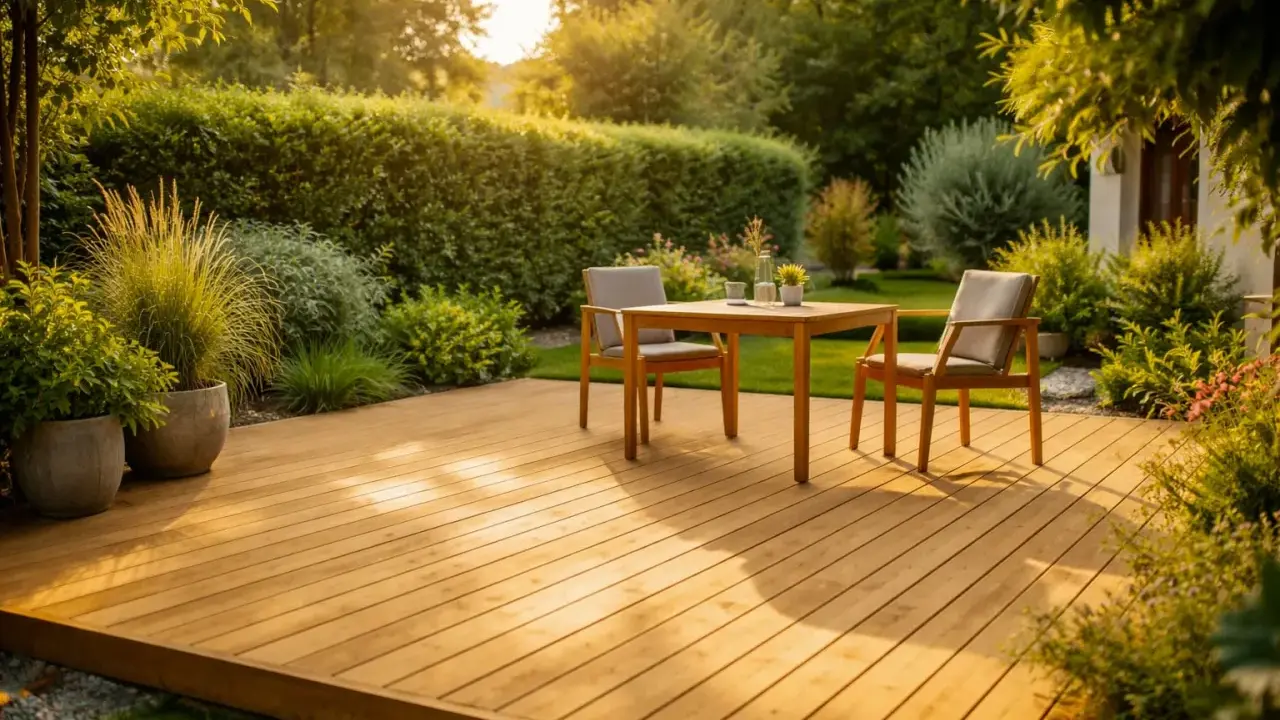 Une belle terrasse en bois, parfaite pour faire une pause au soleil. Deux chaises et une table invitent à la détente dans ce jardin verdoyant.