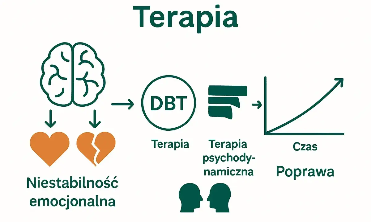 Schemat terapii dla niestabilności emocjonalnej, często związanej z zaburzeniem **bordeline**. Pokazuje drogę od mózgu i serca do terapii DBT, psychodynamicznej i poprawy.