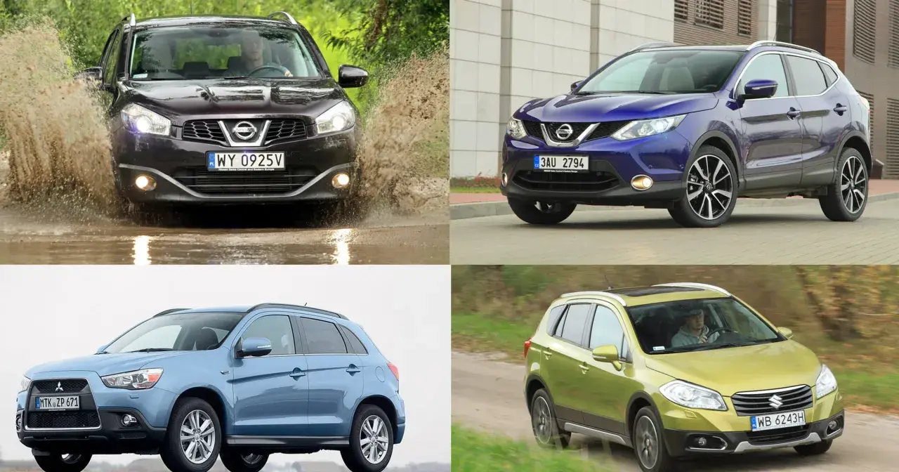 Ciemny i niebieski nowy Nissan Qashqai na tle miejskim, jasnoniebieski SUV i zielony crossover na tle przyrody.