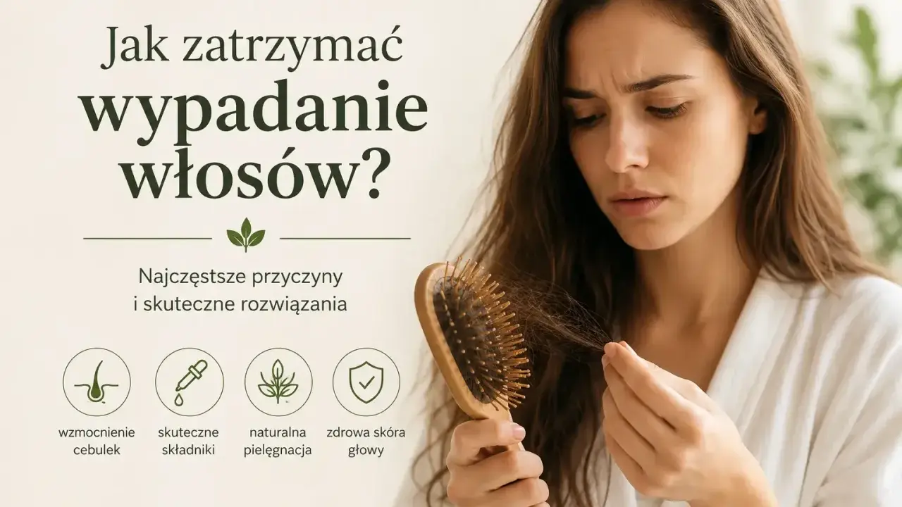 Zmartwiona kobieta trzyma szczotkę z wypadającymi włosami. Grafika podpowiada, jak zatrzymać wypadanie włosów, wskazując na wzmocnienie cebulek i naturalną pielęgnację.