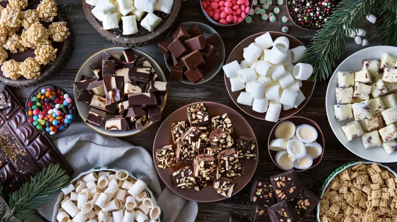 En härlig samling julgodis, allt från chokladbitar till marshmallows och krispiga godsaker. Perfekt för julgodis enkelt!