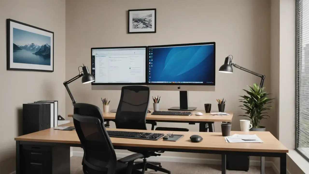 Bureau double avec écrans, lampes et plantes. L'espace entre bureau et mur est optimisé pour le travail.