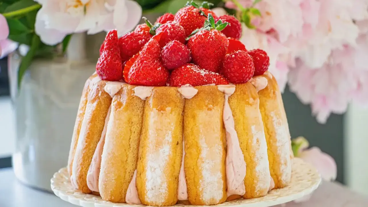 Charlotte aux fruits rouges, un délice de biscuits à la cuillère et crème rose, couronné de fraises et framboises fraîches.