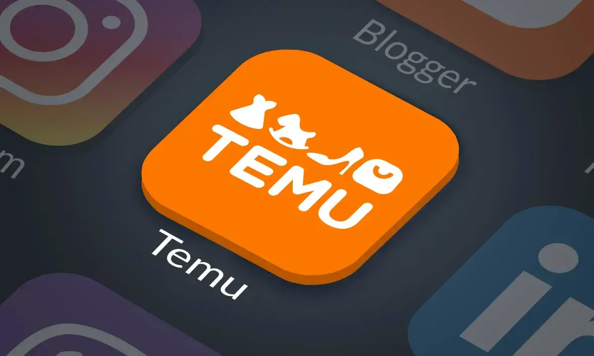 Pomarańczowe logo Temu, obok ikon Instagrama i LinkedIn. Temu to platforma zakupowa, która zdobywa popularność.