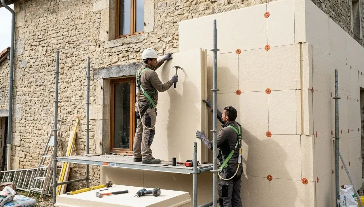 Deux ouvriers installent des panneaux isolants sur un mur en pierre. Une application concrète de l'isolation thermique, une définition essentielle pour l'efficacité énergétique.