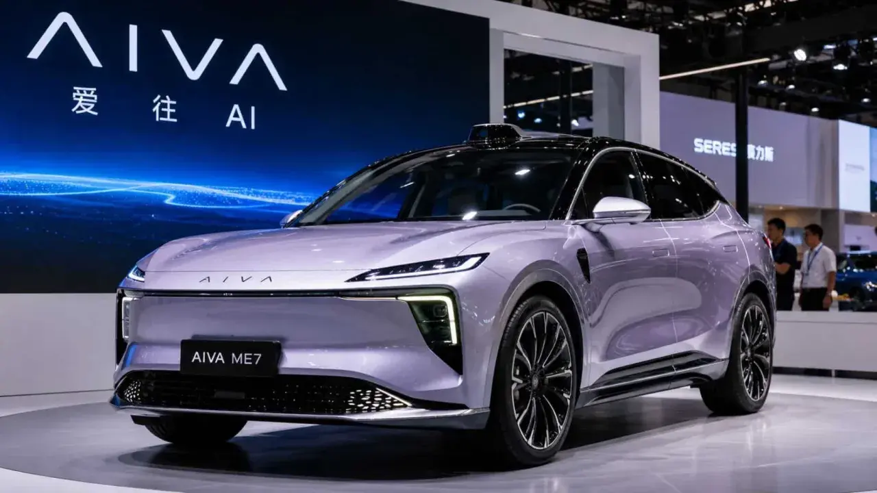El coche AIVA ME7, un modelo eléctrico con tecnología Huawei, exhibido en un evento.
