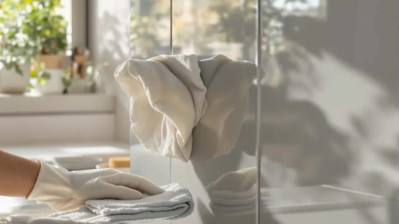 Rękawiczki i ściereczka do czyszczenia mebli kuchennych z okleiny. Delikatne środki zapewnią im blask.