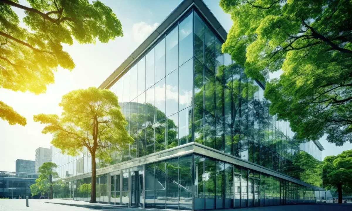 Moderne architetture in vetro riflettono alberi lussureggianti e cielo azzurro, creando un'armonia tra natura e design.