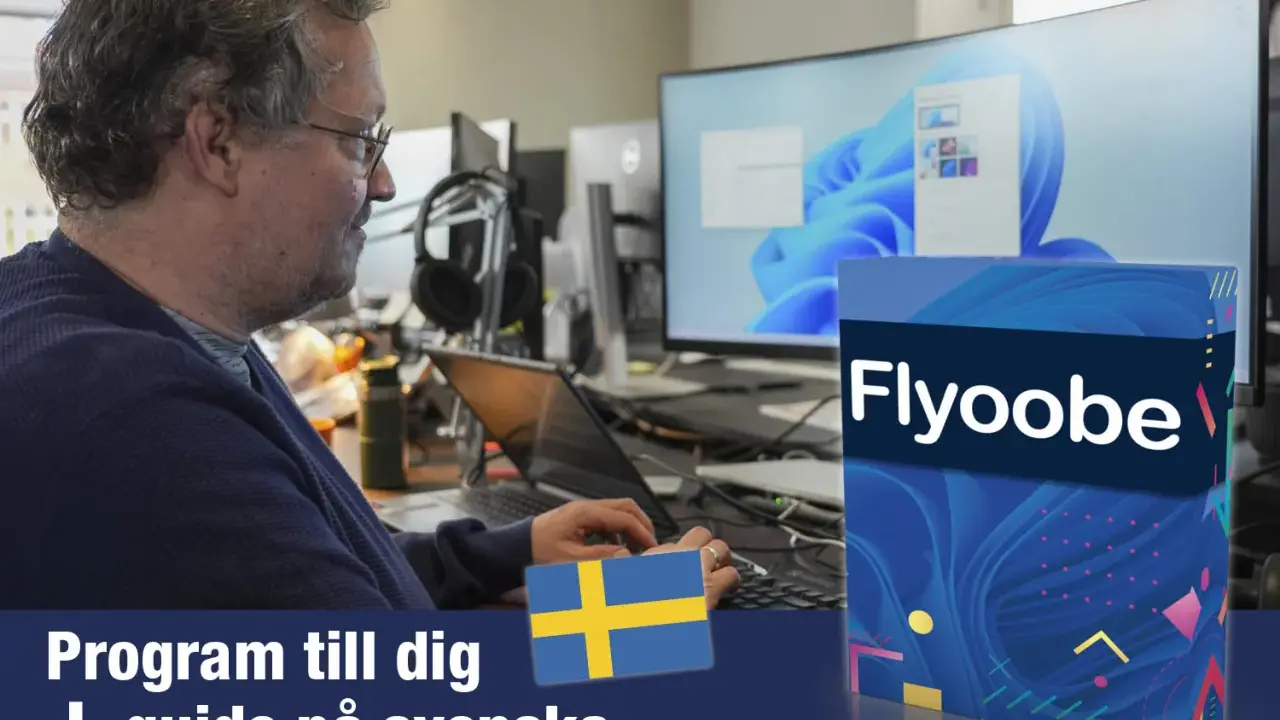 Man vid datorn, redo att uppdatera till Windows 11 med program och guide på svenska.