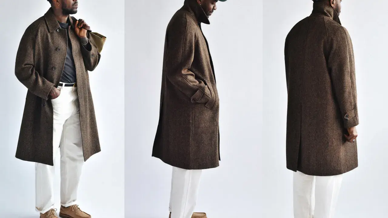 A man models three views of a stylish brown tweed coat, paired with white pants and a green cap.