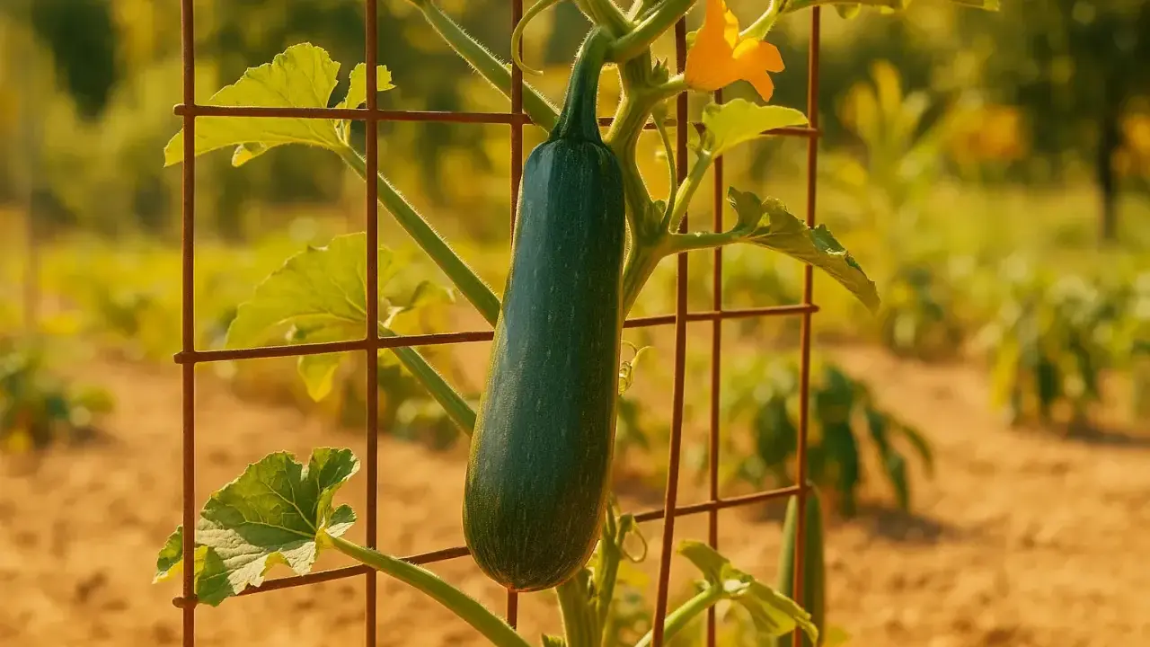 Courgette verte suspendue à un treillage, une méthode astucieuse pour cultiver courgette en hauteur. Une fleur jaune épanouie à proximité.