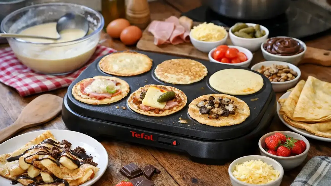 Préparation d'une recette pâte à crêpe party Tefal : crêpes salées et sucrées garnies, avec fraises et chocolat.
