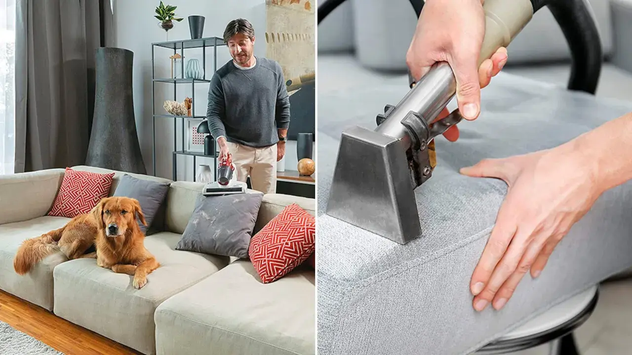 Un hombre aspira un sofá con un perro golden retriever. Otra imagen muestra una herramienta de limpieza de tapicería en acción, demostrando cómo limpiar sofá.