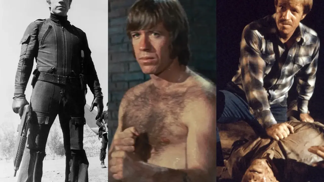 Chuck Norris i tre scener från filmer och tv-program. Han syns i actionkläder med vapen, barbröstad och i en rutig skjorta över en liggande person.