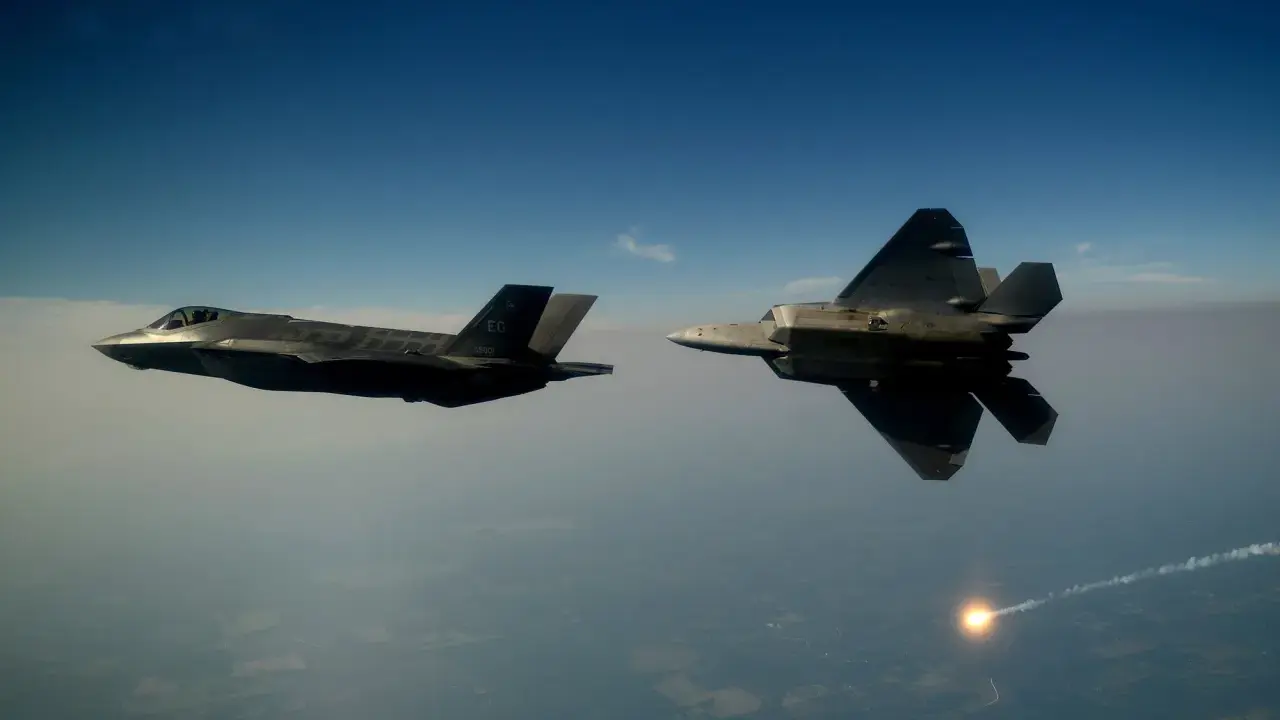 Zwei Tarnkappen-Kampfflugzeuge, ein F-35 und ein F-22, fliegen im Tandem über den Wolken. Ein F-22 schießt eine Leuchtrakete ab.
