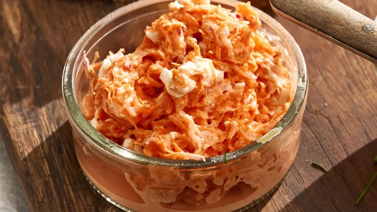 Pyszna pasta z rzodkiewki z kawałkami jajka w szklanej miseczce, gotowa do podania na chlebie.