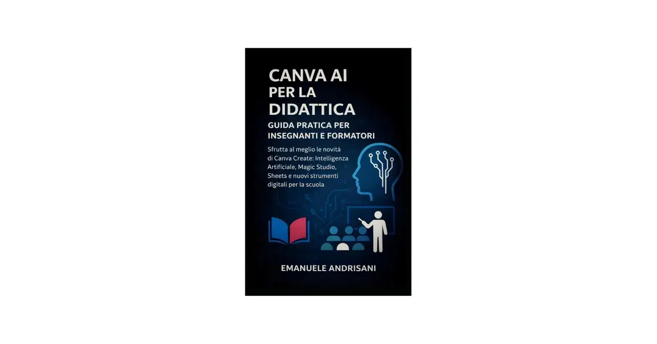 Copertina libro "Canva AI per la Didattica": guida pratica per docenti con icone di un cervello stilizzato, libro aperto e classe.