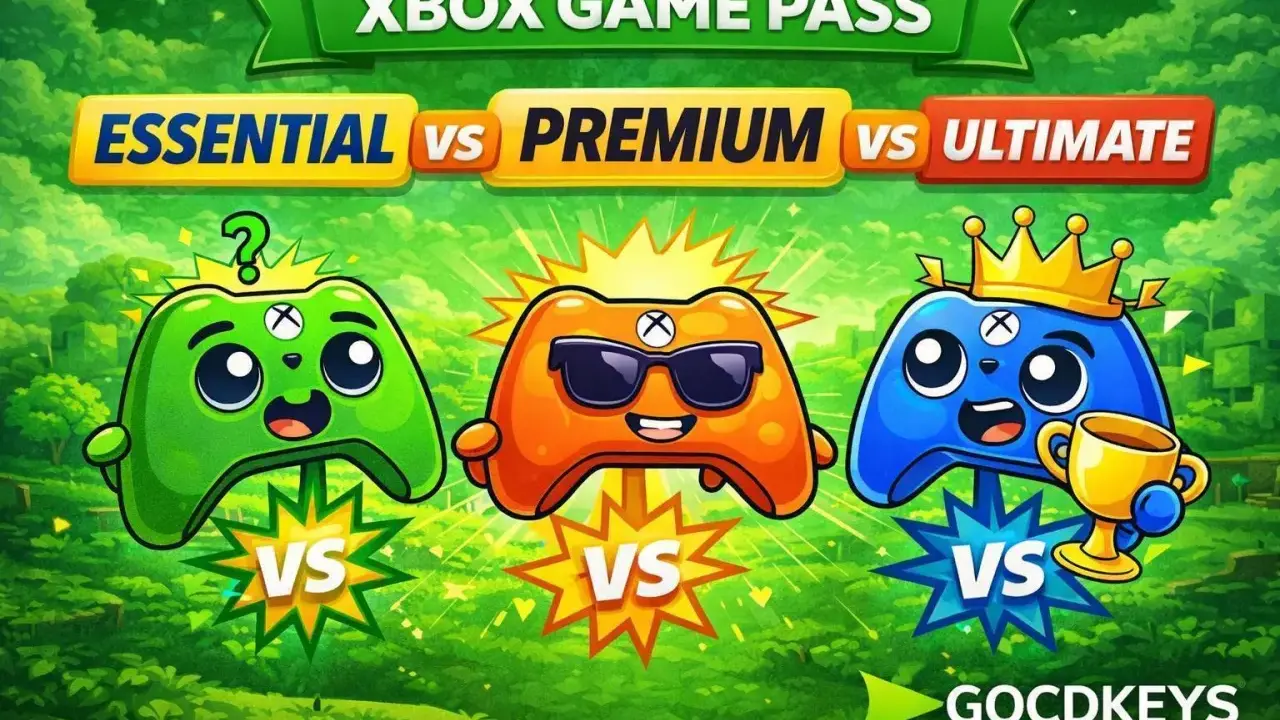 Porównanie Xbox Game Pass: Essential vs Premium vs Ultimate. Trzy kontrolery w kreskówkowym stylu, każdy reprezentuje inny poziom usługi.