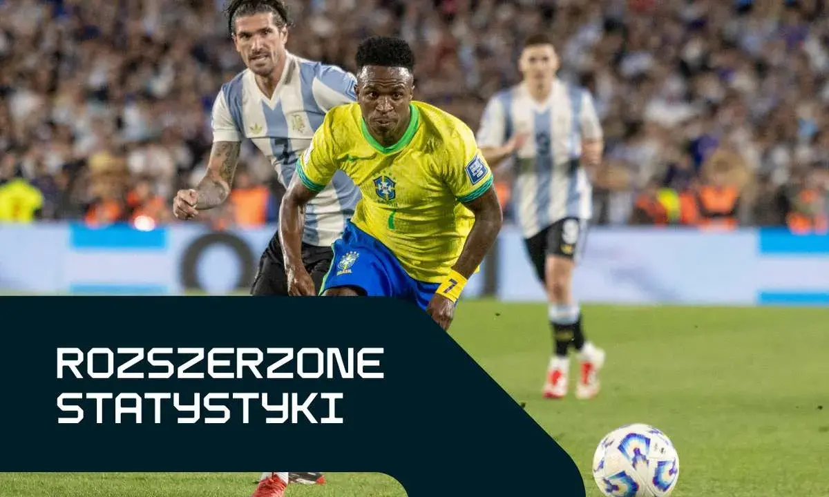 Piłkarze Brazylii i Argentyny w akcji. Na dole grafika z napisem "ROZSZERZONE STATYSTYKI", sugerująca analizę meczu.