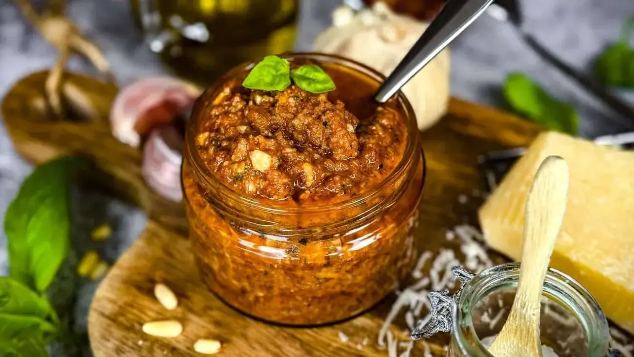 Ein Glas mit leuchtend rotem Pesto, garniert mit Basilikum. Daneben Pinienkerne, Knoblauch und ein Stück Parmesan.