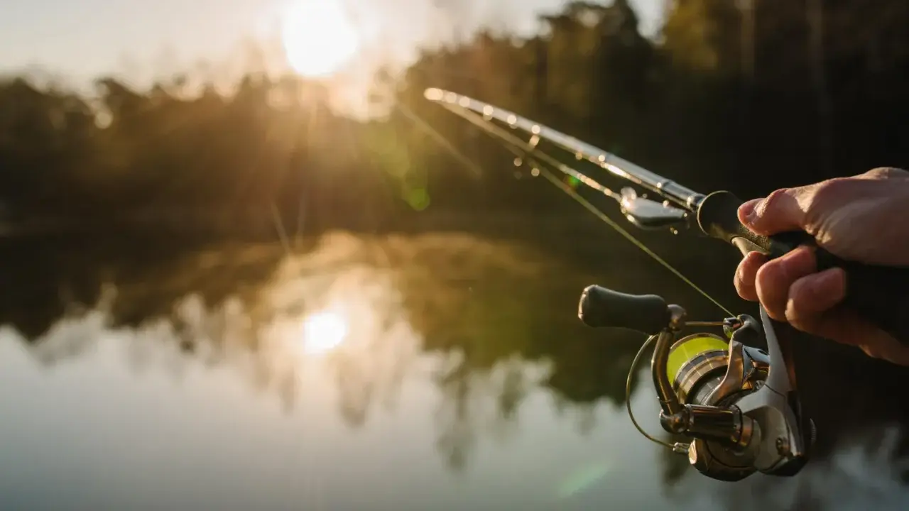 Poranek nad jeziorem, słońce wschodzi, mgła unosi się nad wodą. Dłoń trzyma wędkę, gotową do łowienia. To idealny moment na street fishing.