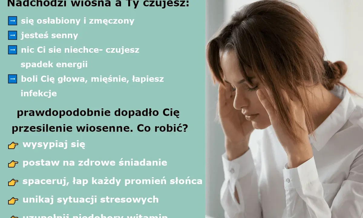 Kobieta z bólem głowy, czuje osłabienie, senność i spadek energii. To objawy przesilenia wiosennego.