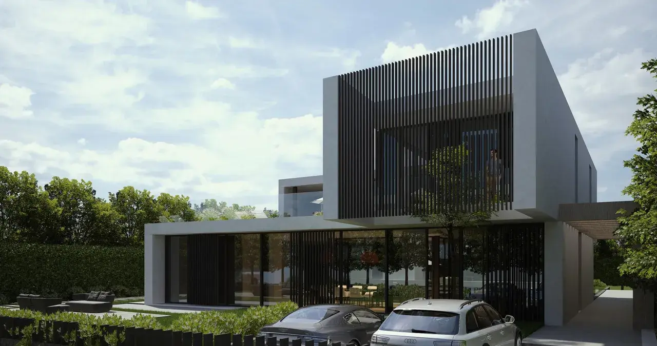 Moderne Villa in Karaj, Iran, mit zwei Autos davor und üppiger grüner Umgebung.