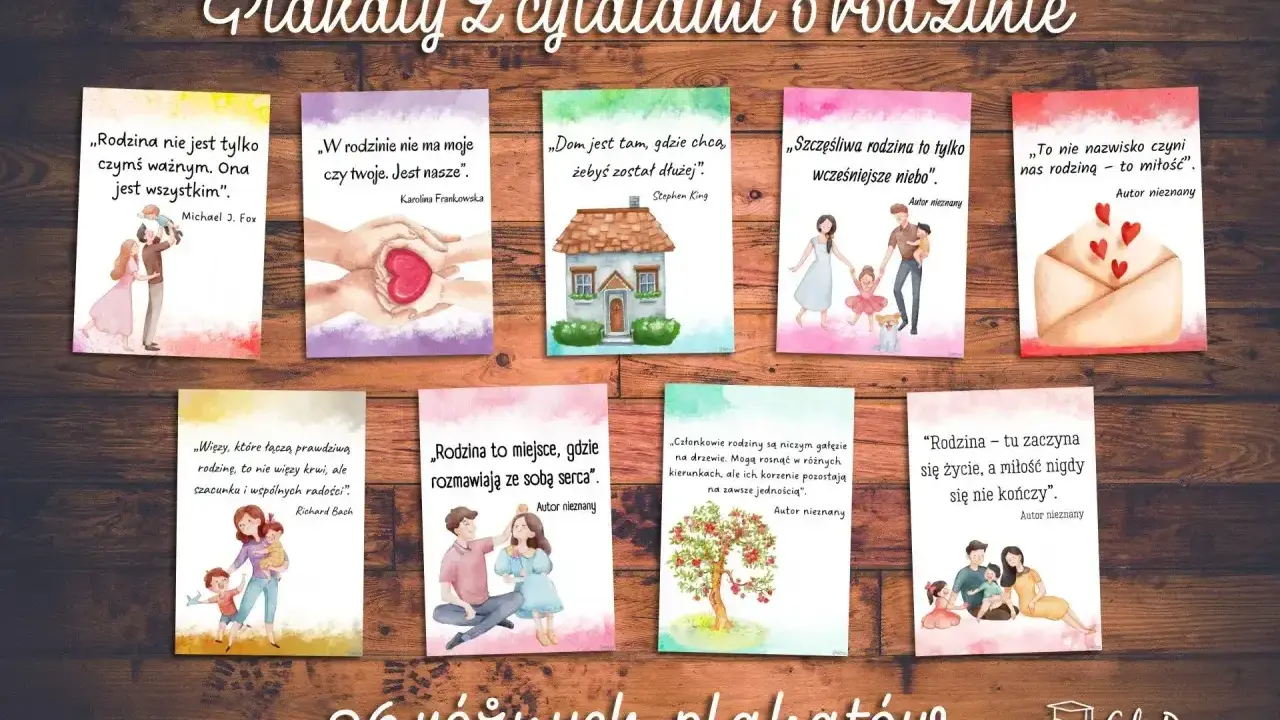 Kolaż plakatów z cytatami o rodzinie, przedstawiający ilustracje rodzin i symboliczne obrazy.