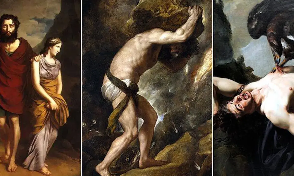 Trois scènes de la mythologie grecque : un couple, Sisyphe poussant son rocher, et un homme torturé par un aigle.