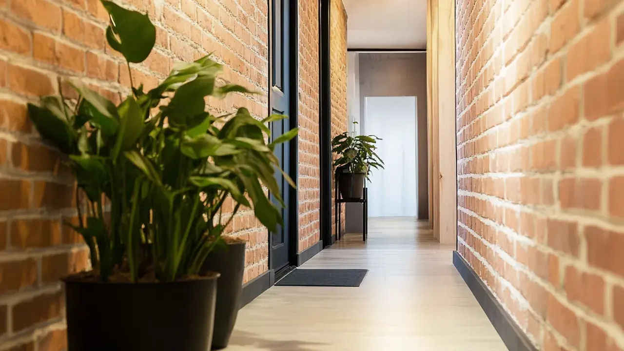 Przedpokój loft inspiracje: ceglane ściany, jasna podłoga, czarne drzwi i zielone rośliny tworzą przytulną przestrzeń.