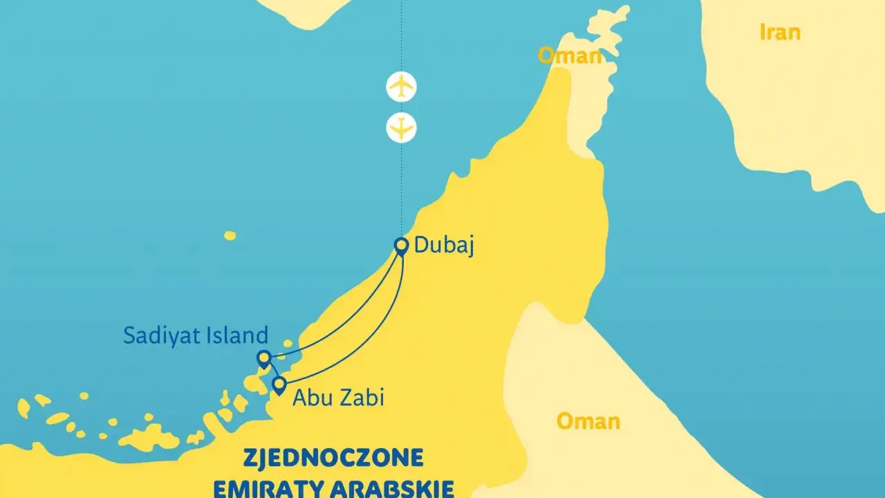 Mapa pokazuje Zjednoczone Emiraty Arabskie, gdzie leży Dubaj, obok Omanu i Iranu.