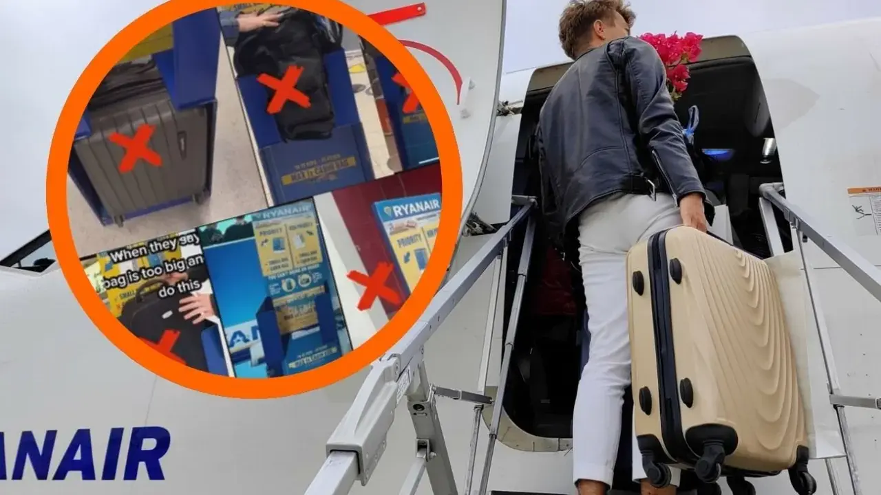 Mężczyzna z walizką wchodzi po schodach do samolotu Ryanair. W kółku widać walizki z czerwonymi krzyżykami.