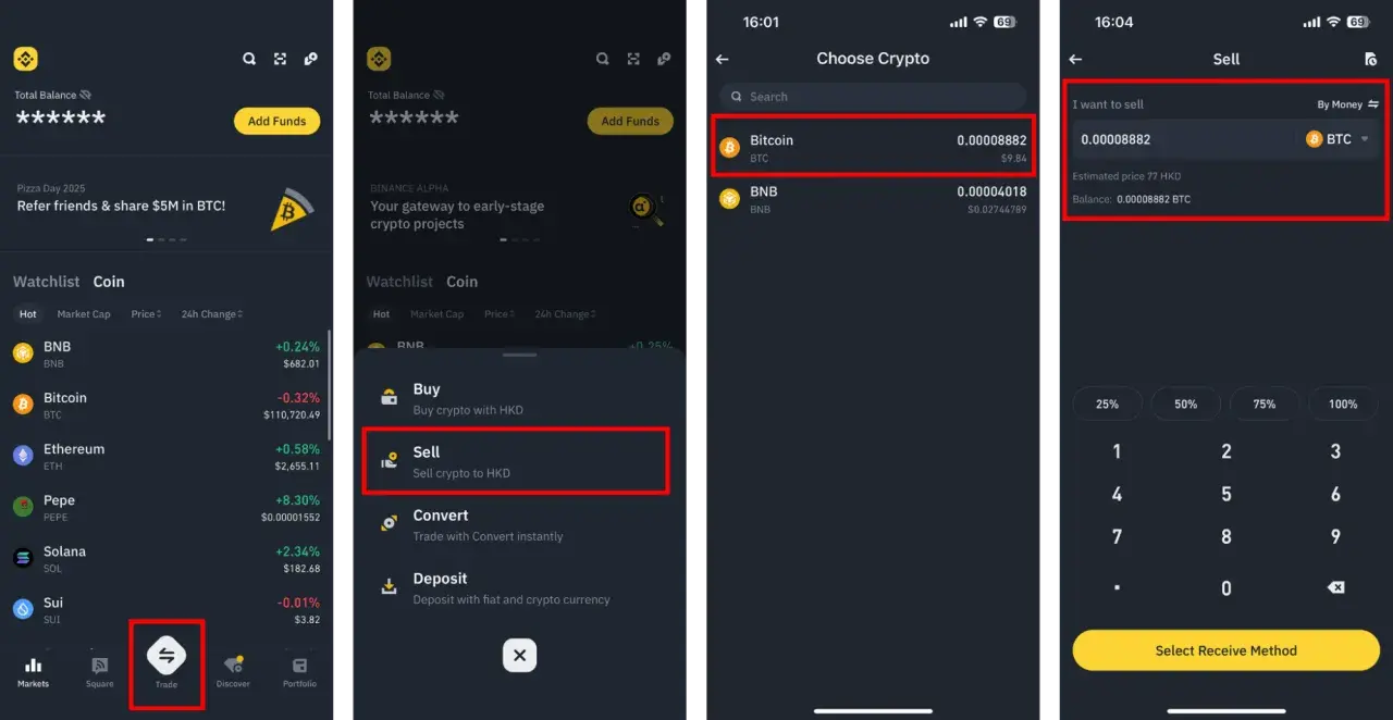Jak sprzedawać kryptowaluty: aplikacja pokazuje kroki do sprzedaży Bitcoina. Wybierz "Sell", wpisz kwotę i metodę odbioru.