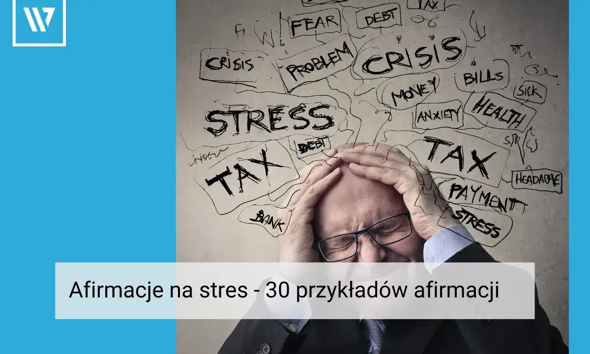 Mężczyzna z rękami na głowie, otoczony słowami związanymi ze stresem: "STRESS", "TAX", "CRISIS".